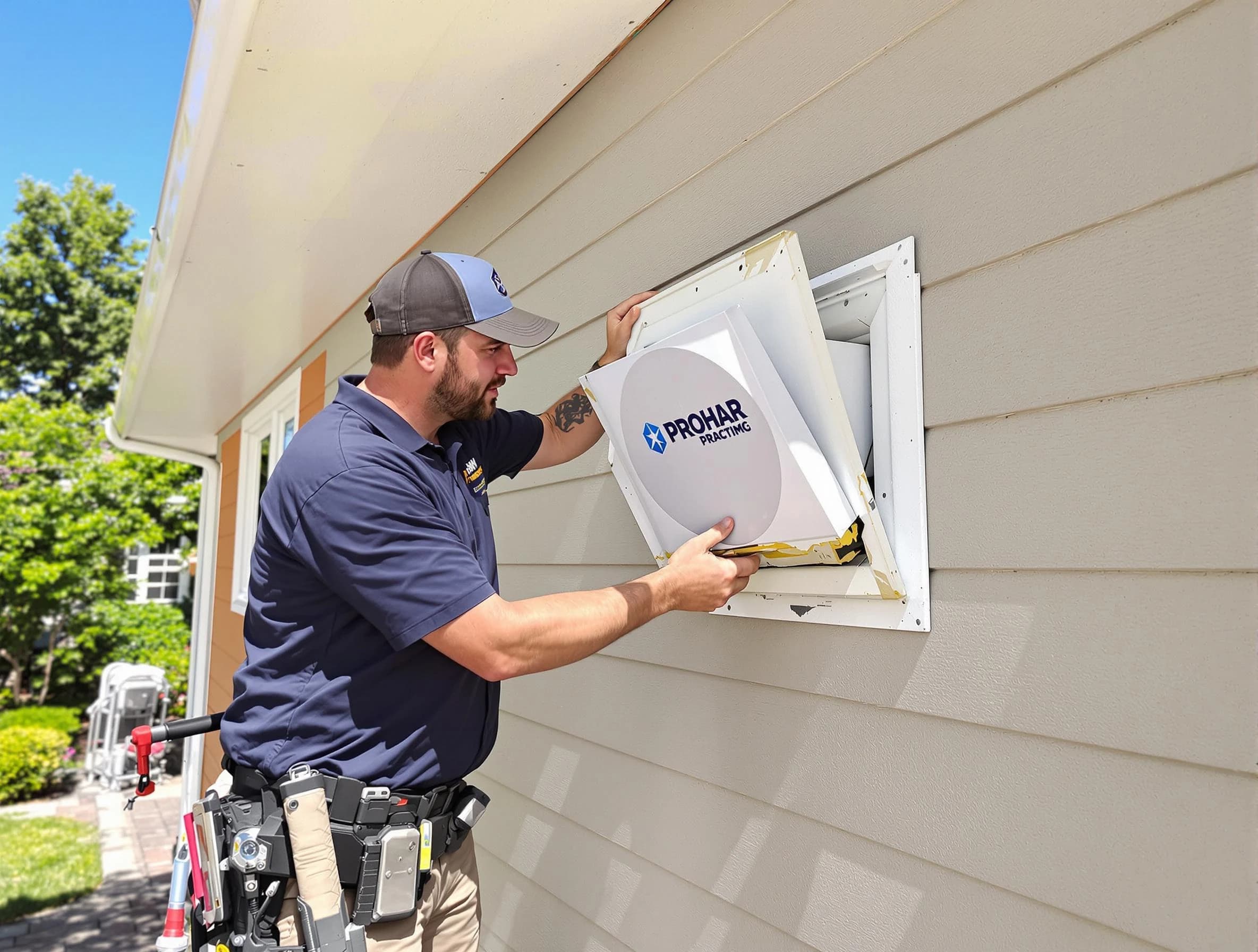 Beverly Dryer Vent Cleaning technician installing a new protective dryer vent cover on a home in Beverly