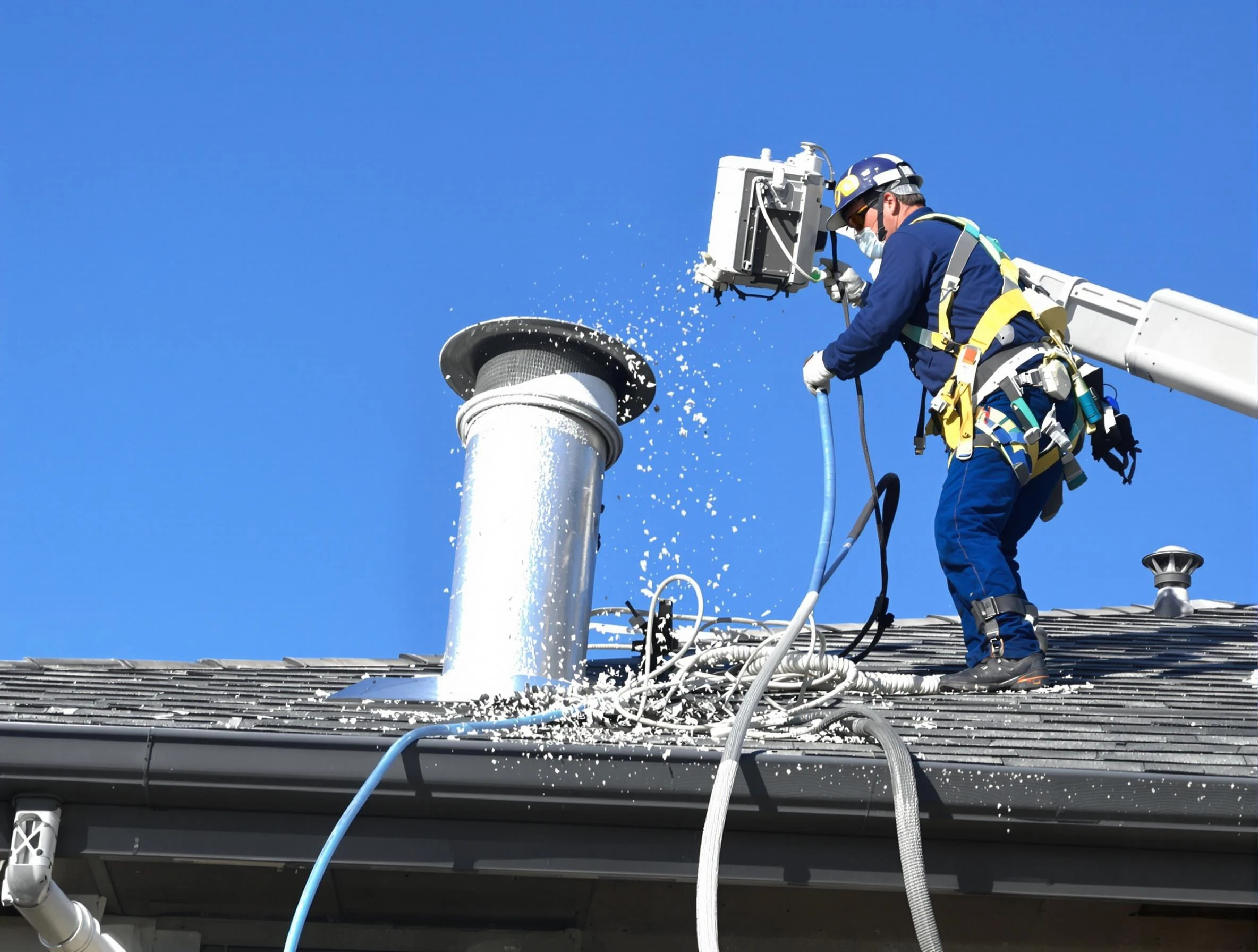 Beverly Dryer Vent Cleaning certified technician safely cleaning a roof-mounted dryer vent in Beverly