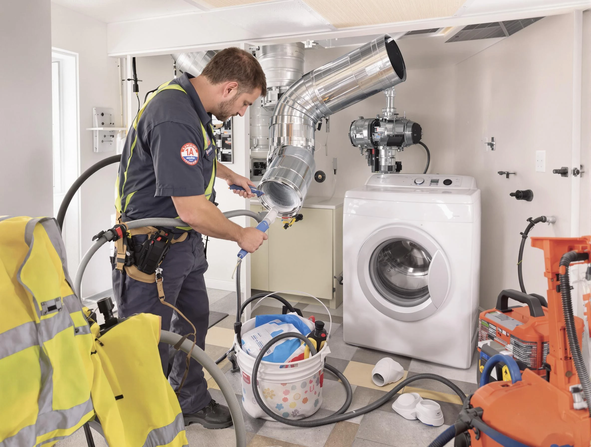 Beverly Dryer Vent Cleaning technician using specialized equipment to clear severe dryer vent blockage in Beverly