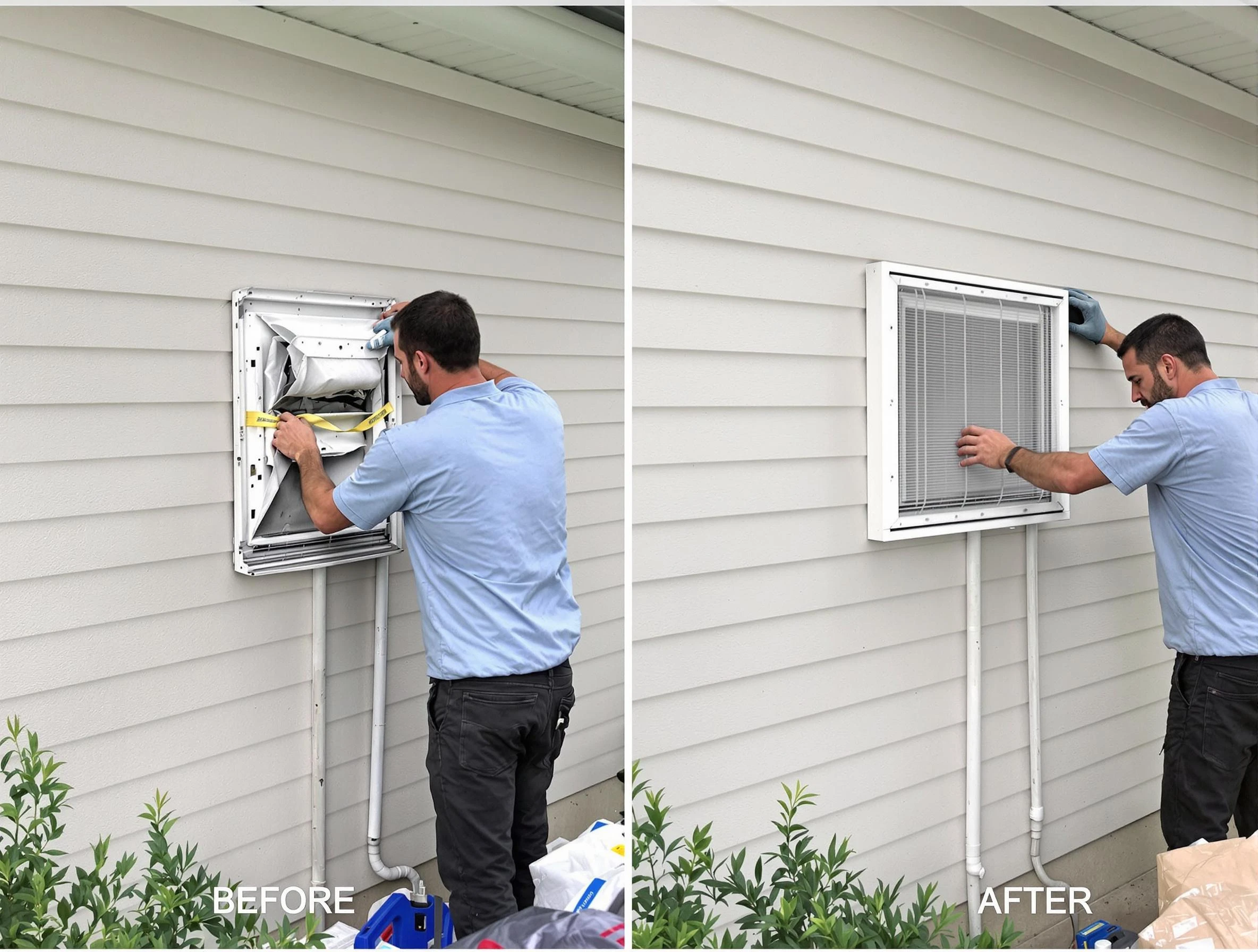 Beverly Dryer Vent Cleaning technician installing high-quality dryer vent cover at a residential property in Beverly